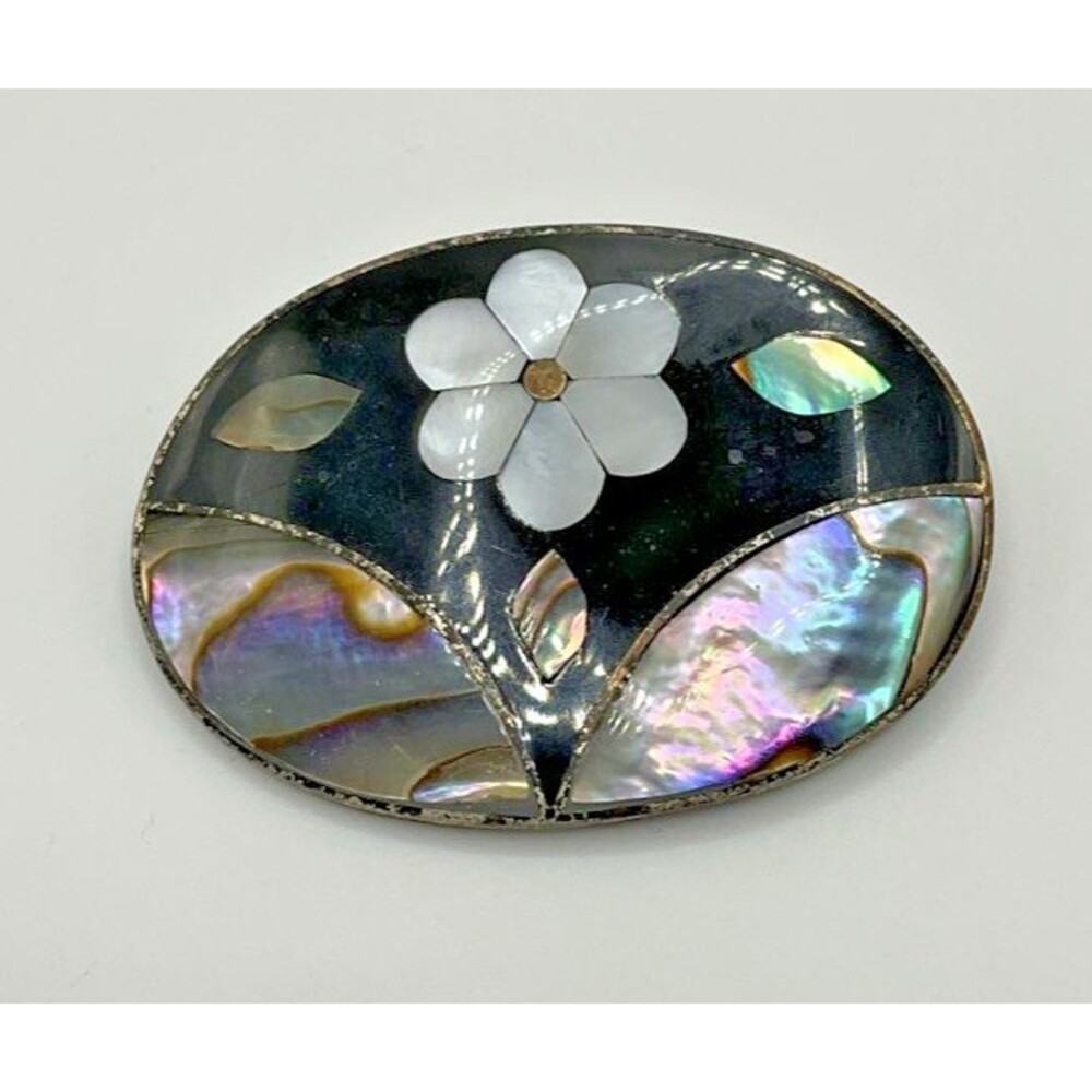 Mother Of Pearl Floral Enameled Silvertone Vintage Brooch Fashion Jewelry